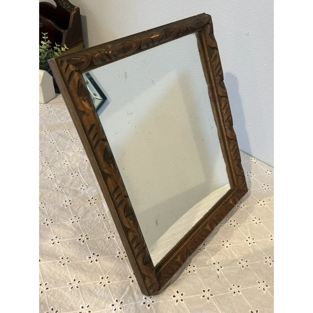 Vintage Hand Carved Wood Framed Mirror Tabletop or Wall Rustic Folk Art Decor